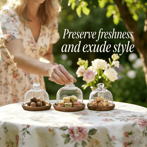 Mini Glass Dessert Dome With Wooden Base, Elegant Clear Glass Cake Dome For Desserts Pastries, Sturdy Wood Base Versatile Use For Home Gatherings Weddings Events Easy Clean