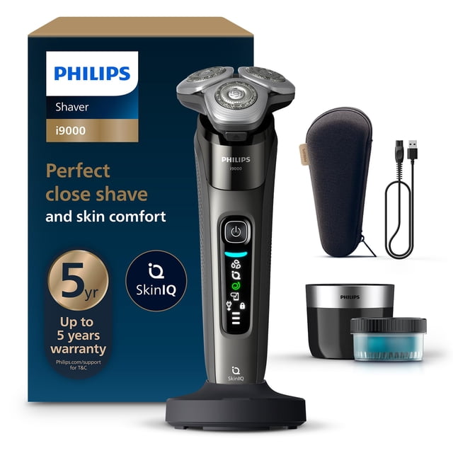Philips Serie i9000 Afeitadora Eléctrica con recortadora, Corte de 0.00mm y tecnología SkinIQ, 50 min de uso, En Seco y Húmedo, Recargable, Centro de Limpieza, Base de Carga, X9002/30