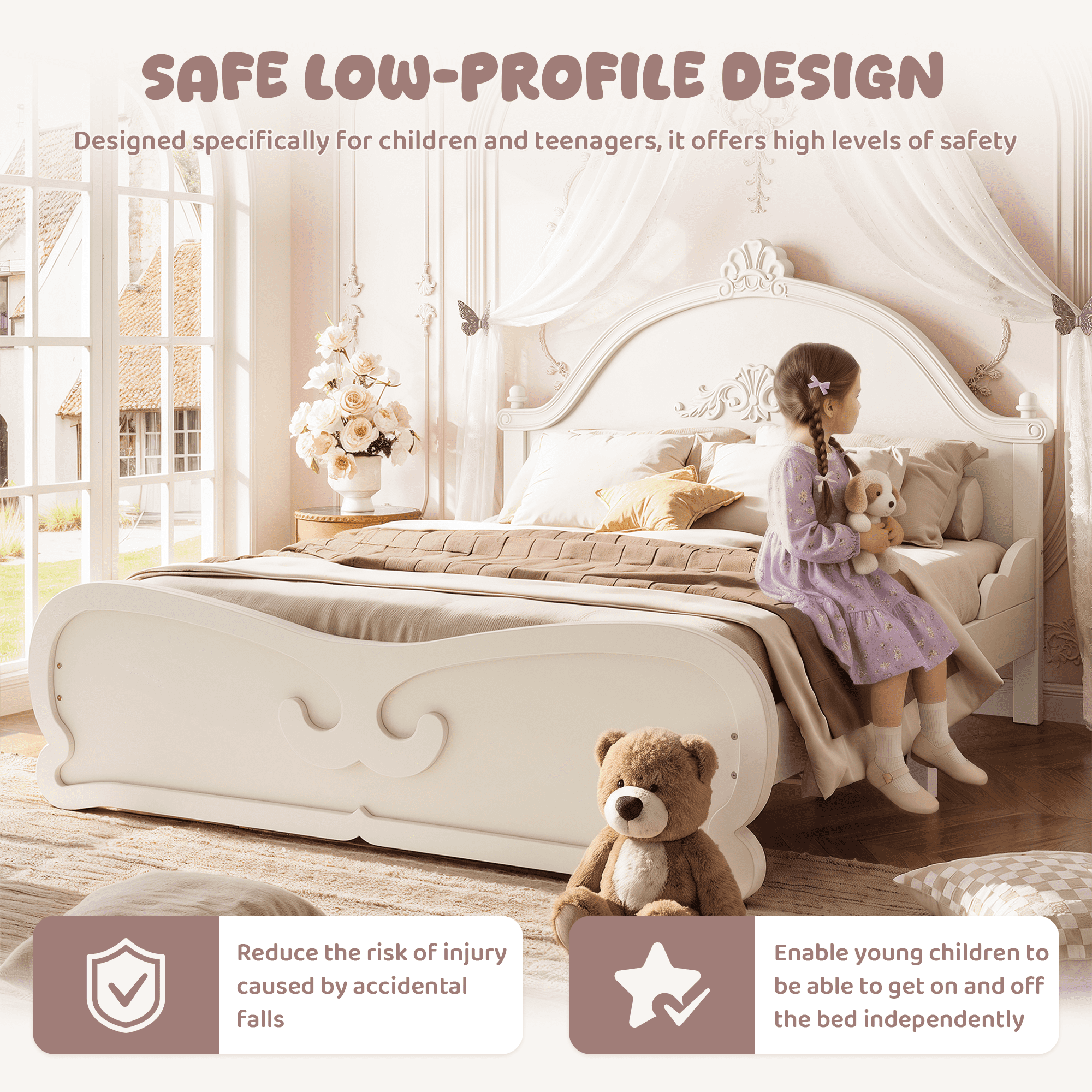 HOQBN Full Size Vintage Carved Platform Bed with Headboard, Solid Wood Bed Frame with Slatted Support, Low Profile Platform Bed for Kid Teens, Beige