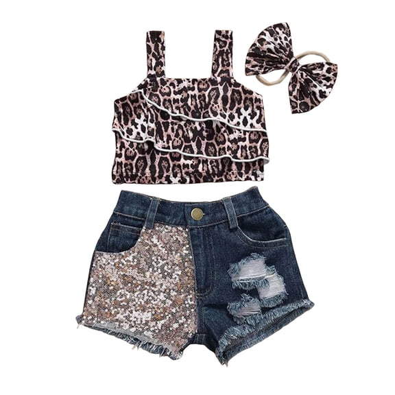 Nwiuh Baby Girl 3Pcs Summer Outfits Sleeveless Halter Tops Leopard Print Ruffle Shorts and Headband Cheetah Set (Blue, 6-12 Months)