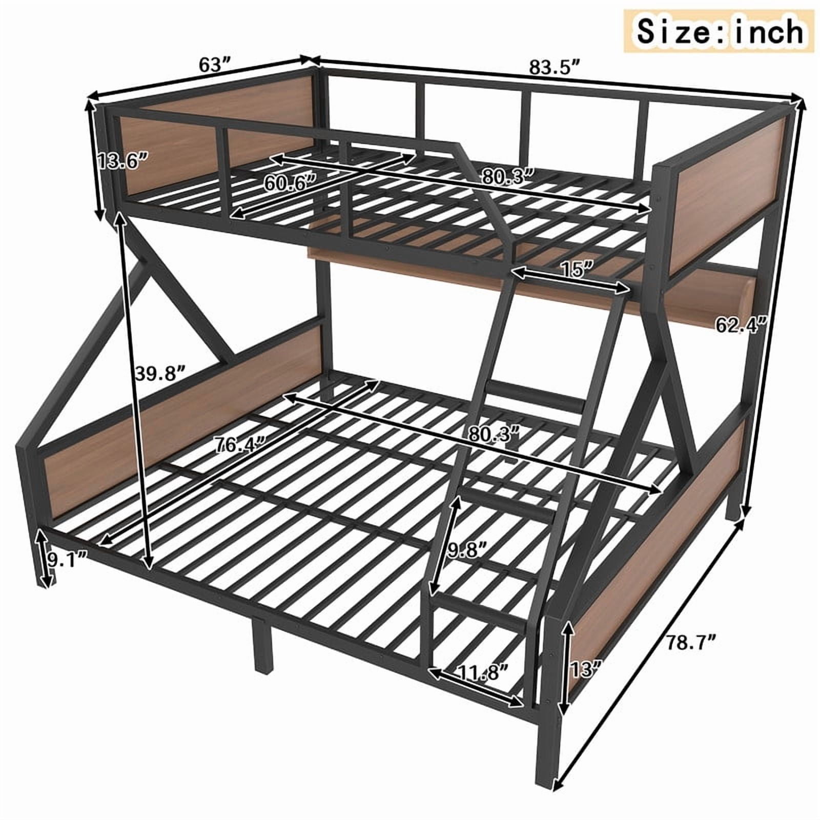 Queen over King Size Metal Bunk Bed, Kids Teens Chic Bed Frame with Bedside Storage Shelves and LED Light Strip