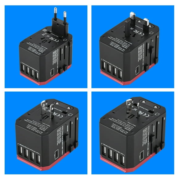 Universal Travel Adapter Plug 4 USB Ports Type C Sockets Converter for US/AU/UK/EU(Red)
