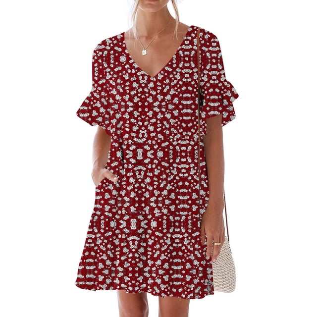 Liquidation d'Été 2025! Robe Grande Taille pour Femmes, Liquidation de Robe d'Été pour Femmes, Robe Décontractée d'Été pour Femmes Douce Mignonne Robe à Col en V avec Poches Imprimée Manches Courtes à Volants