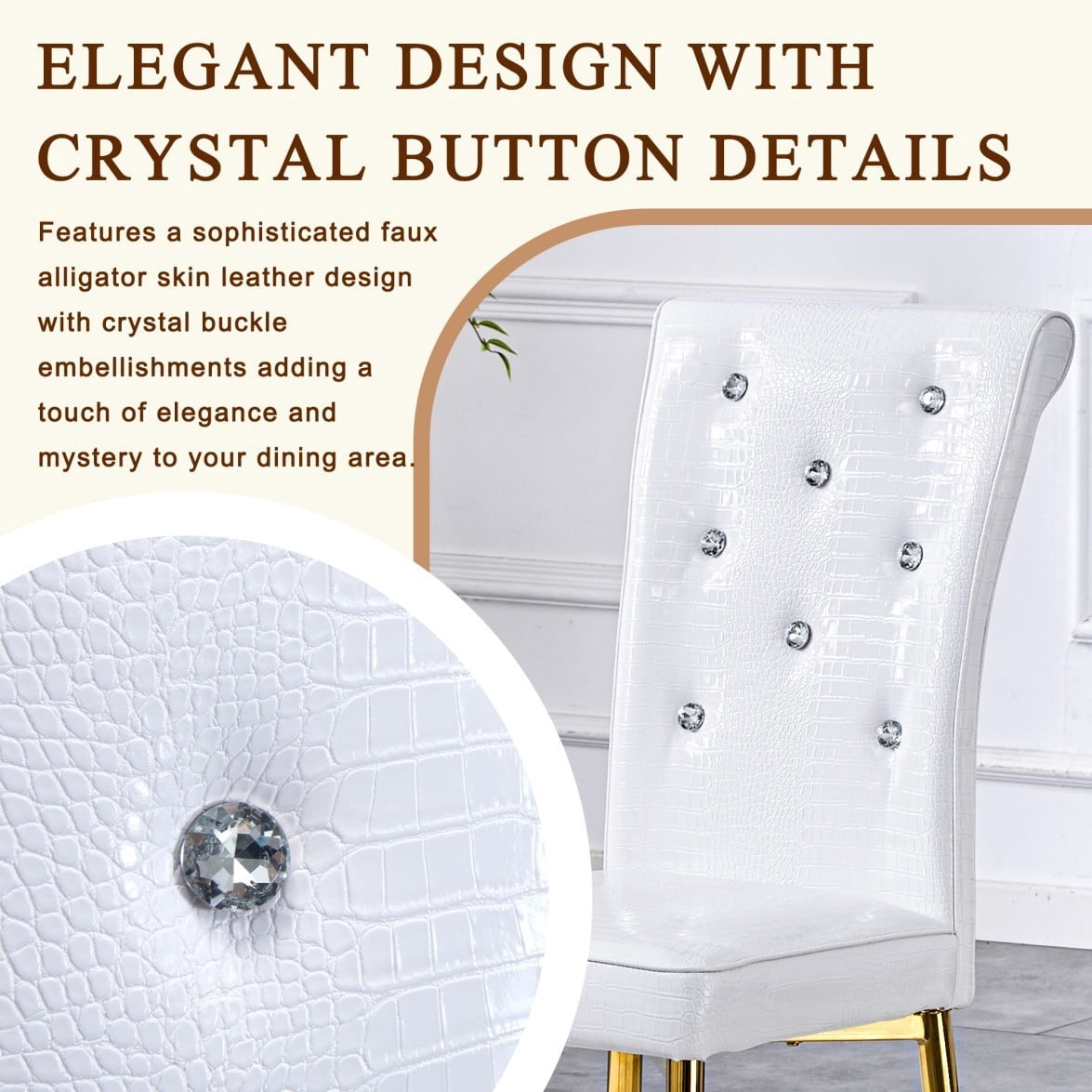 Set of 2 Retro Dining Chairs, Faux Alligator-Textured PVC Leather Upholstered Chairs with Crystal Button Details & G