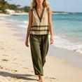 thumbnail image 4 of Guluxicc 2 Piece Women's Outfit Sets Linen V Neck Stripe Tank Tops High Waist Pleated Wide Leg Pants Outfits for Summer Casual Wear, 4 of 8