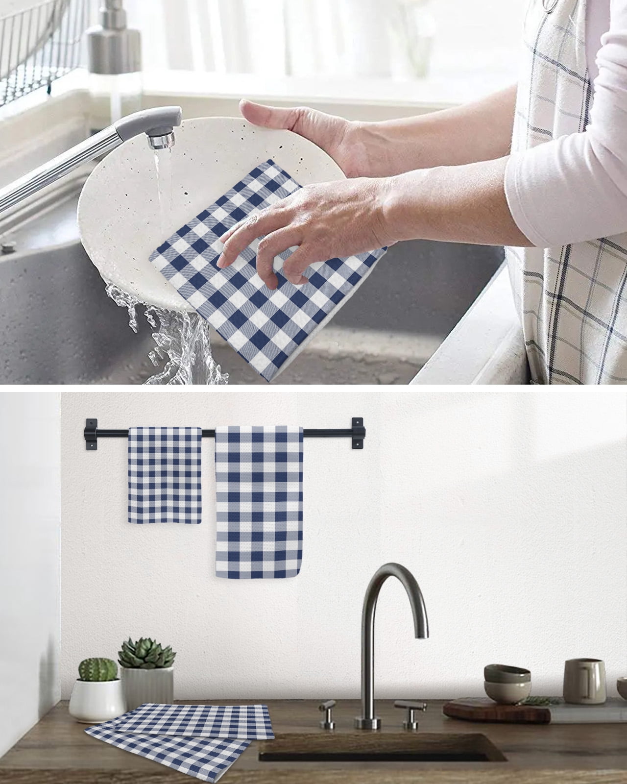 Navy Blue White Plaid Dish Towels Set, Waffle Weave Kitchen Towels 3 Pieces, Farmhouse Checkered Buffalo Microfiber Hair Face Bath Tea Towel Absorbent Quick Drying Cleaning Dish Cloths 12"x12"