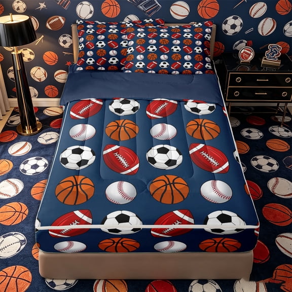 Castle Fairy Football Soccer Basketball Baseball Zipper Twin Comforter Sets with Fitted Sheet and 2 Pillowcases, Sport Theme Zipper Bedding Set, Blue White,4-Piece,Navy Blue Reversible