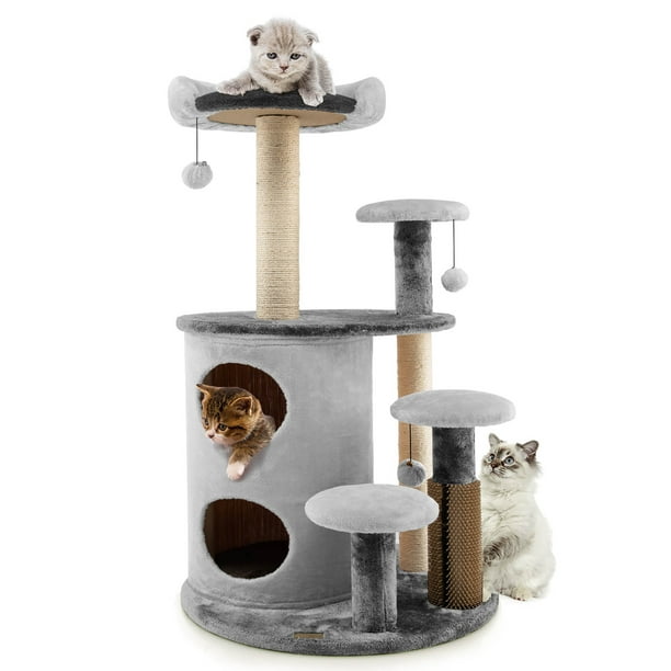 Costway Torre de 6 niveles para gatos con rascadores, lugar de auto limpieza para gatos, casita de 2 niveles con hoyo para gatos y bambú, soporte de trepada 102 cm para descansar y divertirse