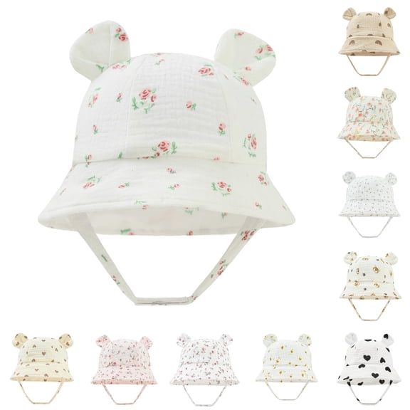 Oiyii Newborn Girl’S Soft‑Fit Sun Hats Bear‑Ear‑Accented Baby Bucket Hats, White2