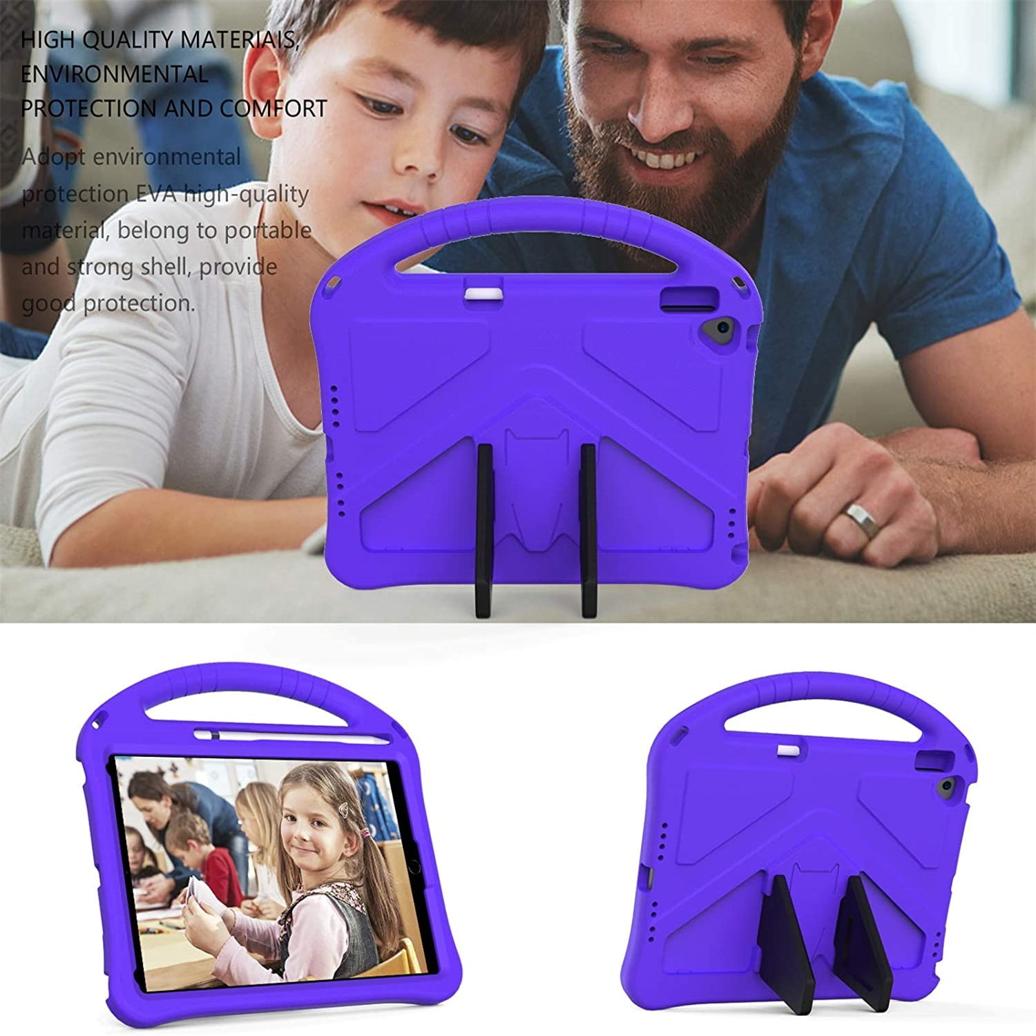Allytechgroup Kids Case for iPad 9th/8th/7th Generation iPad 10.2 inch 2021/2020/2019 with Kickstand/Handle Stand/Pencil Holder [Screen Protector] Shockproof Cover for Boy Girl Children, Purple