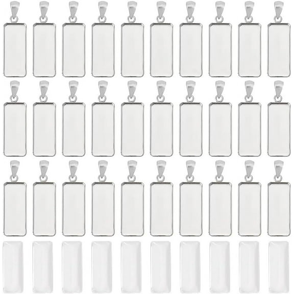 40pcs Rectangle Tray Charm 25x10mm Blank Base Settings with Glass Cabochons Stainless Steel Edge Bezel Blanks Tray ​for Pendant Craft Jewelry Making DIY