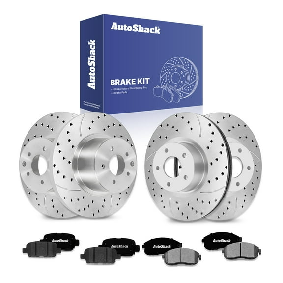 AutoShack Front Vented & Rear Solid Drilled & Slotted Silver Zinc Coated Brake Rotors   Ceramic Pads 12-PC Brake Kit Replacement for 2009-2013 Nissan Altima SilverShield Pro