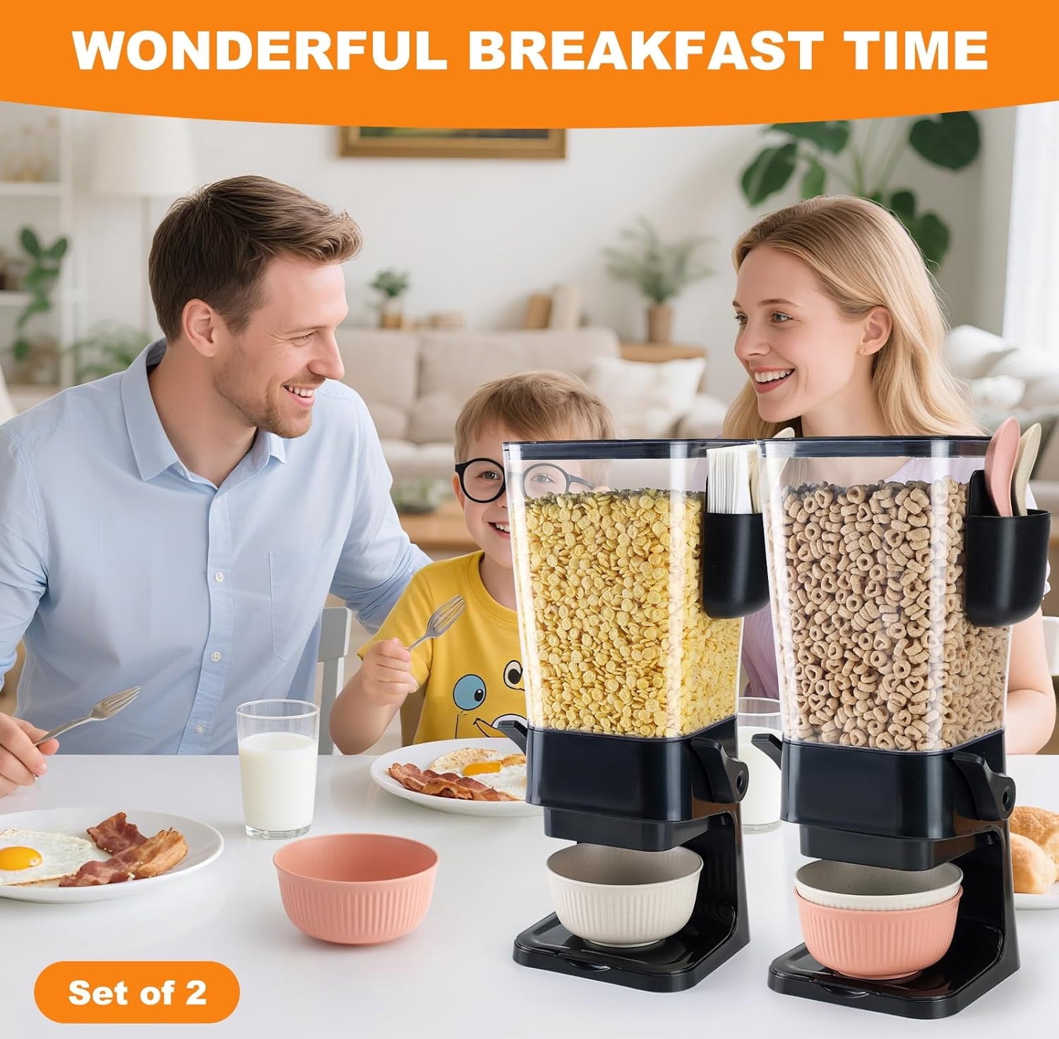 Cereal Dispenser Countertop Black 2 Pack with Bowls Spoons Cutlery Box,5.5 QT Dry Food Dispenser Snack Organizer Containers Storage for Pantry Kitchen Organization Oatmeal Nut Granola Candy