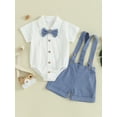 thumbnail image 2 of Suealasg Infant Baby Boy Gentleman Suit Outfit Short Sleeve Romper with Bow Tie+ Suspender Shorts 2 Piece Newborn Toddler Easter Formal Clothes Set, 2 of 9