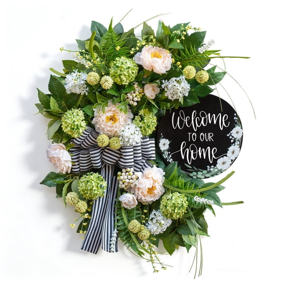 Artificial Half Circle Spring Summer Front Door Wreath with Welcome Sign, 24 Inch Hydrangea and Peony Floral Wreath with Striped Bow for Indoor Outdoor Home Decor, 1 Pack Green