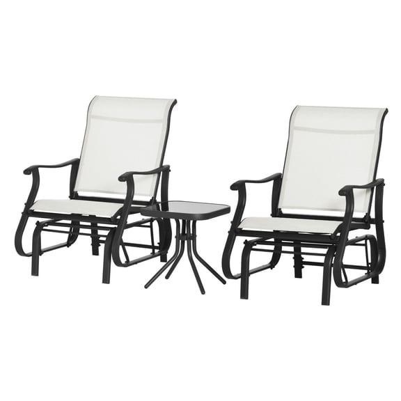 3-Piece Gliding Outdoor Furniture Set, Patio Rocker Chairs with Tempered Glass Table, Cream White, Steel Frame, Garden Swing Set