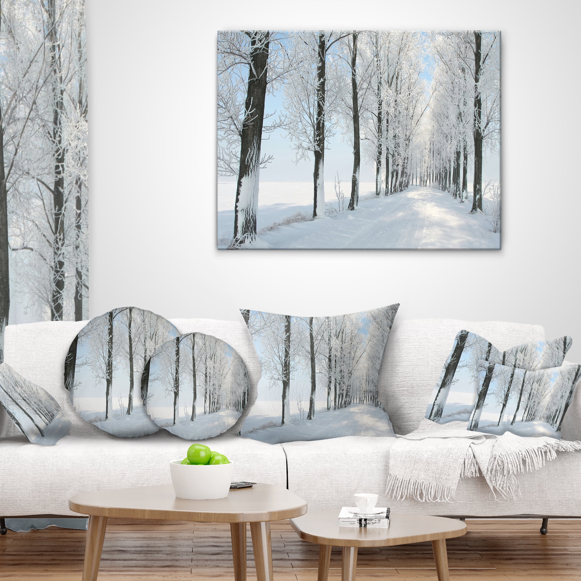 Designart Beautiful Winter Forest Lane Photo - Forest Throw Pillow - 18x18