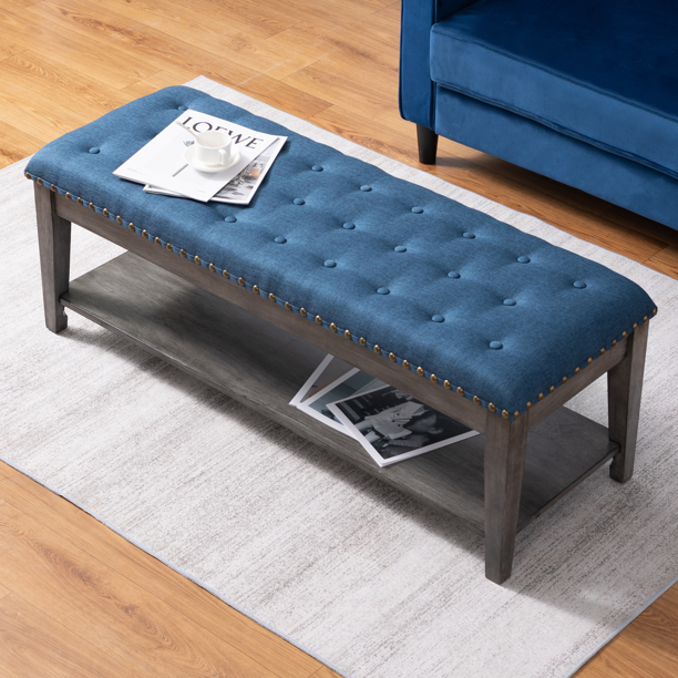 MUZZ Large Rectangular Upholstered Bench, Tufted Linen Ottoman Storage Benches with Solid Wood