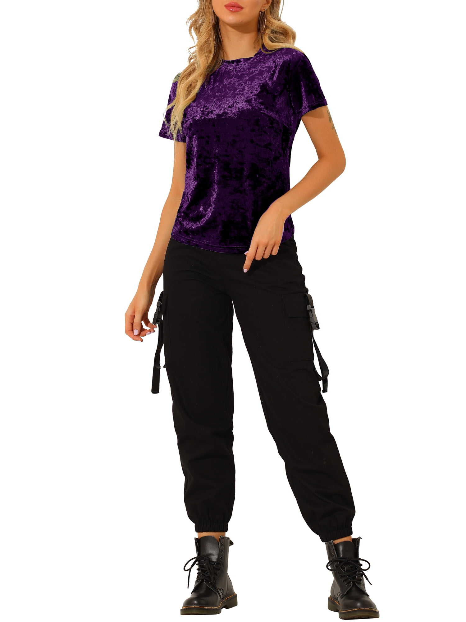 DARING DIVA Women's Velvet Blouse Tops Crew Neck Short Sleeve T-Shirt L Purple