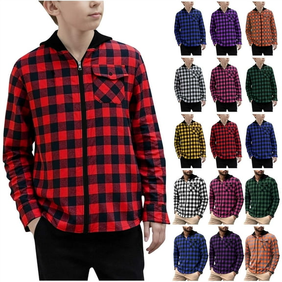 BiZtdJrK Boys Zipper Hoodie for Christmas Plaid Long Sleeve Hooded Shacket Casual Sweatshirts Jackets with Pockets Fashion Clothes, Blue, S