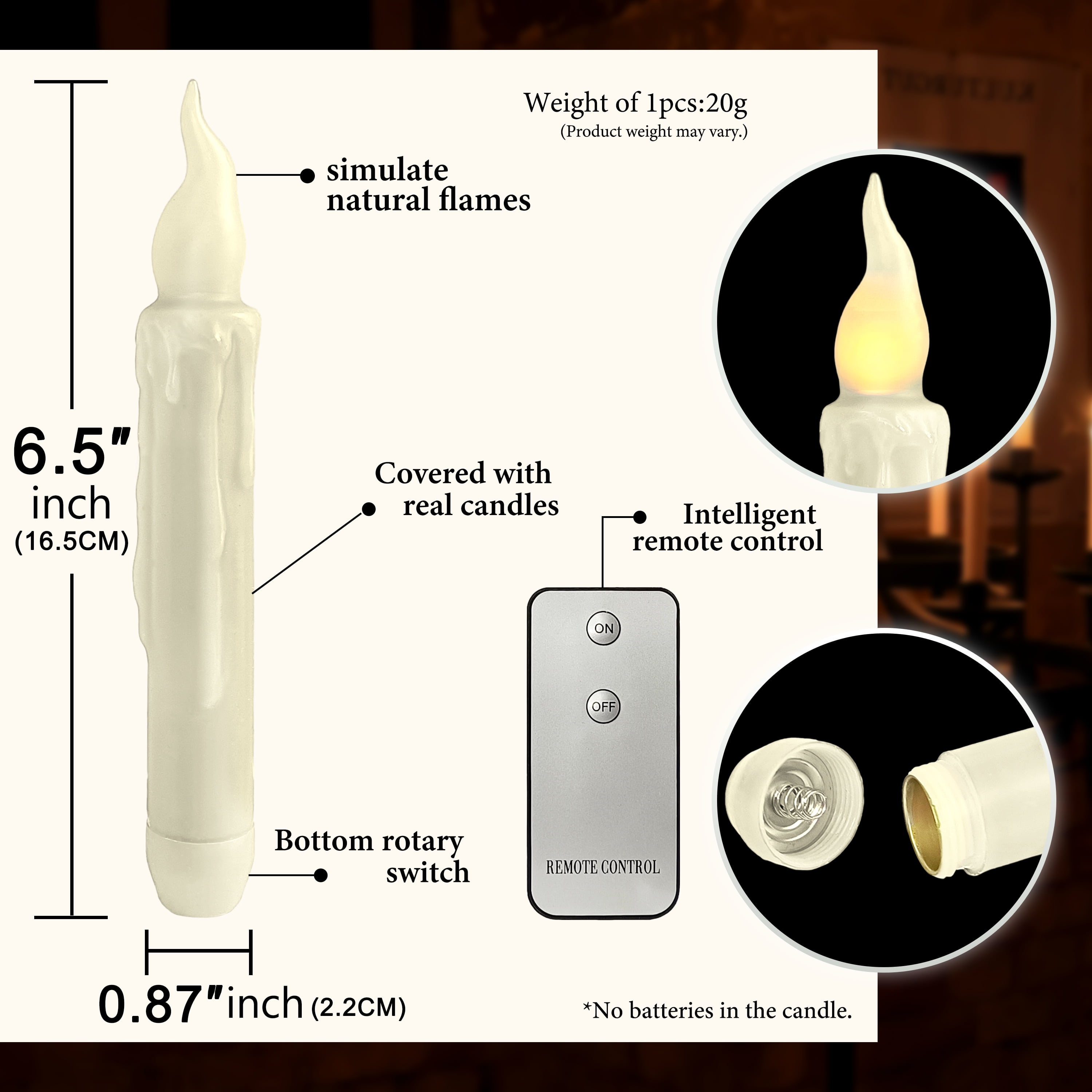 6.5 Inch Printed Flameless Candle Real Wax White LED Taper Candles with Remote Control for Weddings Home Decoration Christmas,Pack of 4