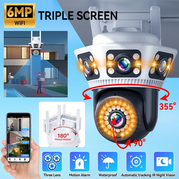 PEPWELL 6MP Triple Screen Security Camera - Triple Lens PTZ 355/90, AI Human Detection, Color Night Vision, IP66 Waterproof, 2.4G WiFi/LAN, Two-Way Audio for Home Surveillance