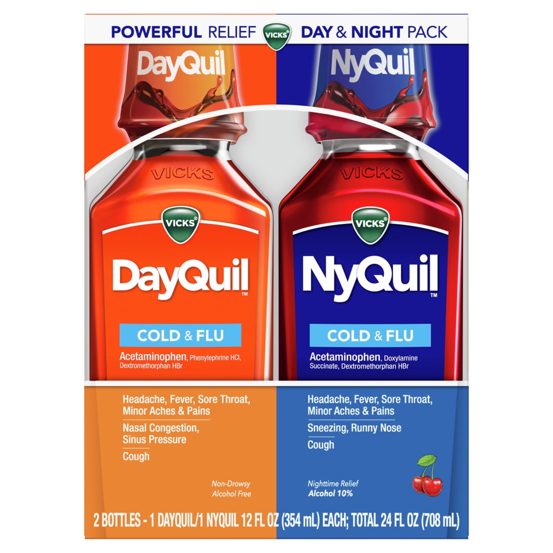Vicks DayQuil and NyQuil Cold and Flu Liquid, Cold and Flu Medicine for Adults, Cherry, 2x12 Fl oz
