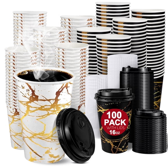 KPX 100 Pack 16 oz Coffee Cups, Disposable Coffee Cups with Lids and Sleeves to Go Coffee Cups Reusable for Hot & Cold Drinks
