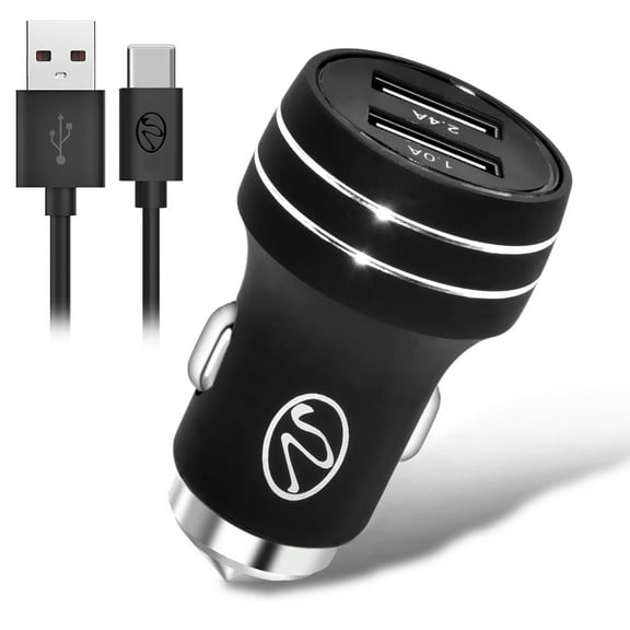 2.4A 2in1 Universal Dual USB Port Travel Car Charger With Type-C USB Cable Black