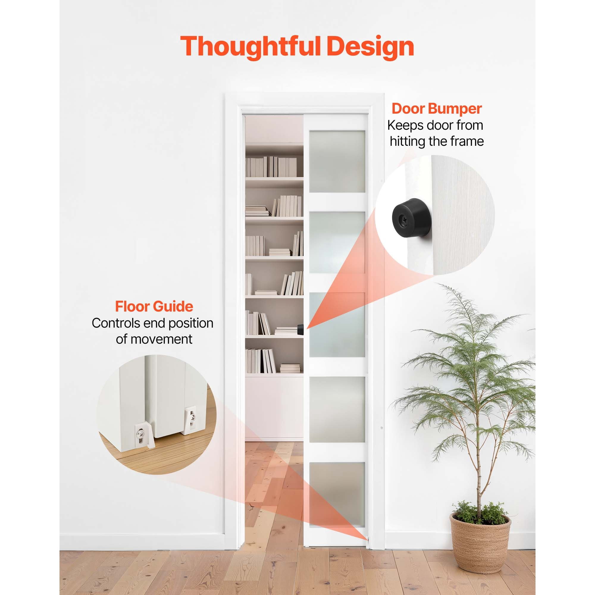 Pocket Door Track Kit 44.69 Inch for 24 Inch Wide Doors Soft-Close Aluminum Alloy with Floor Guide for Bedroom Closet