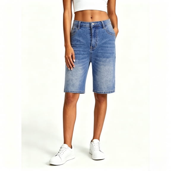 Binmer Women’s High-Waisted Washed Denim Bermuda Shorts, Womens and Women's Dark Blue,Size S-2XL
