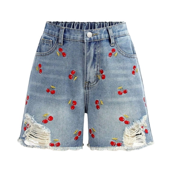 YMNXA Toddler Kids Girls Denim Shorts Elastic Waist Cherry Embroidery Distressed Ripped Comfortable Fashion Short Bottoms For Everyday Wear,Watermelon Red,10-10.5 Years