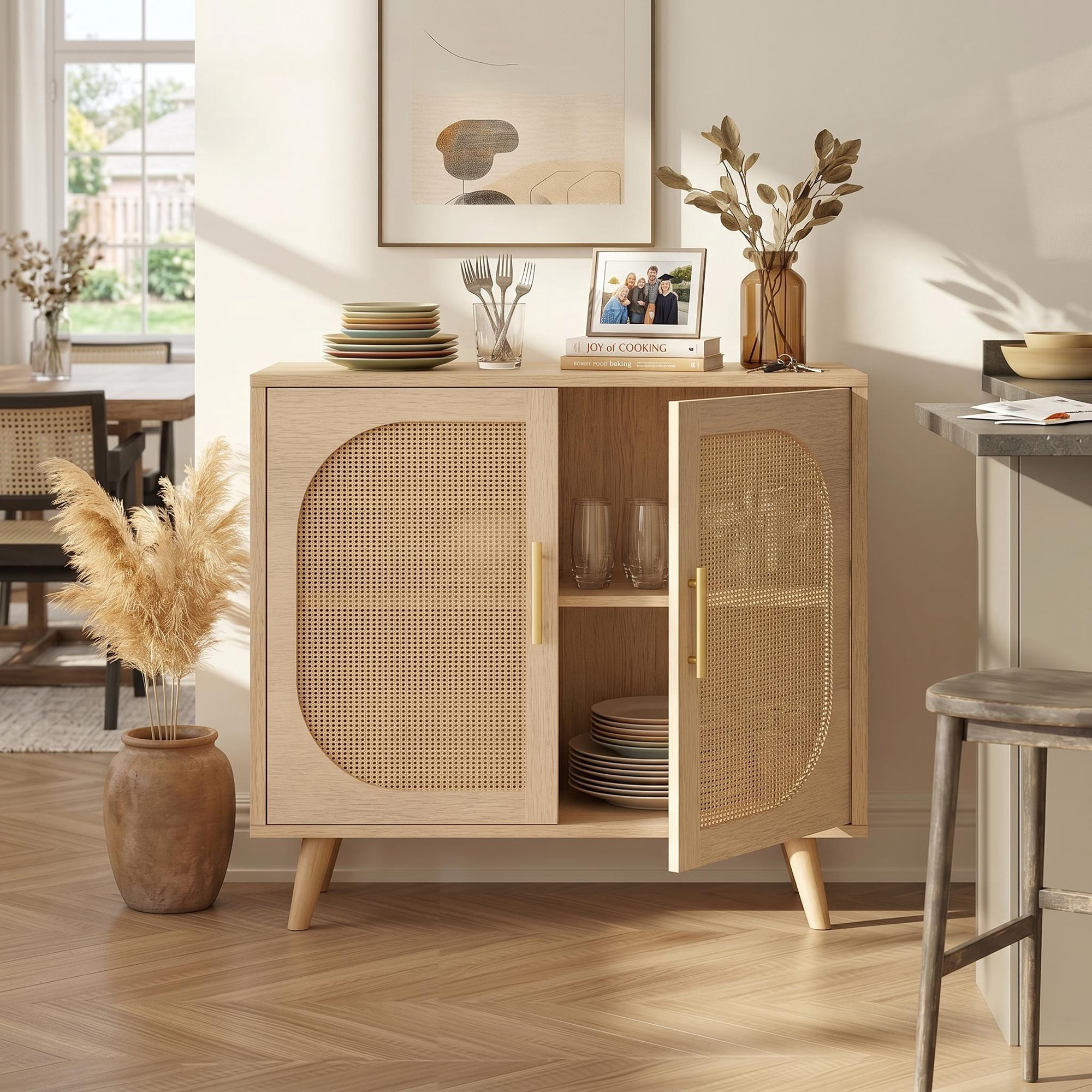 Homy Casa Accent Cabinet  2-Door Rattan Storage Cabinet with Shelves  Natural