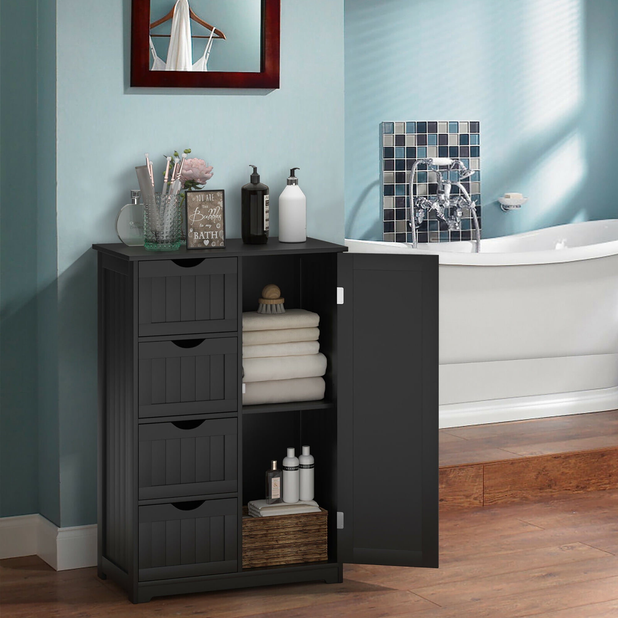 Costway Bathroom Storage Wooden 4 Drawer Cabinet Cupboard 2 Shelves Free Standing Black  (图2) Costway Bathroom Storage Wooden 4 Drawer Cabinet Cupboard 2 Shelves Free Standing Black  (图2)
