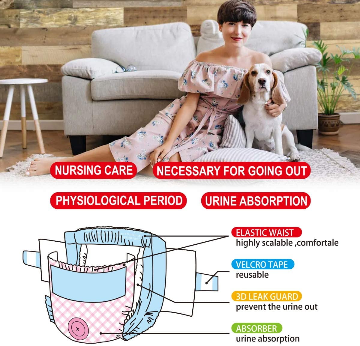 Pet Soft Doggy Diapers Female - Disposable Dog Diapers for Girl Puppies Cats, Pink Diapers 12-36pcs for Pets with Adjustable Tail Hole Cute
