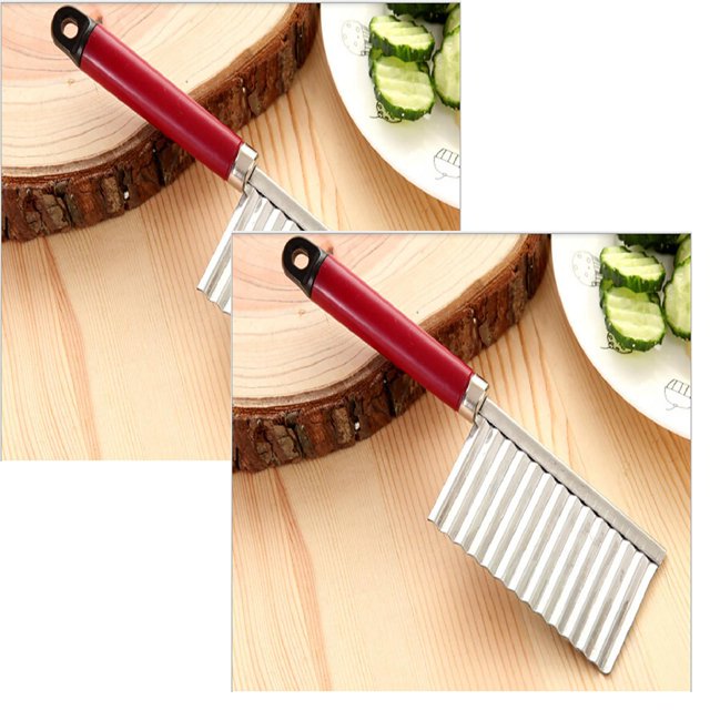 Oleegame 2PC Tomato Slicer And Lemon Slicer Potato Wavy Edged Tool Stainless Steel Kitchen Gadget Vegetable Fruit Cutting Red