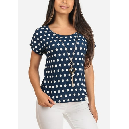 Womens Juniors Women's Junior Ladies Casual Dressy Short Sleeve Polka Dot Print Blue Blouse Top 41331X