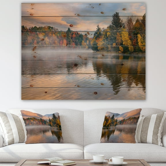 Designart 'The Lakeside with Autumn Foliage' Traditional Print on Natural Pine Wood