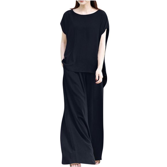 fartey Cotton Linen Short Sets for Women 2 Piece Crewneck Short Sleeve Top Elastic Waist Pockets Casual Pants Solid Color Loose Comfy Outfits, S-5XL