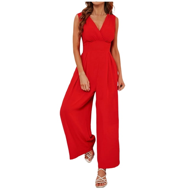 HBFAGFB Jumpsuit Womens Fashion Summer Sleeveless Rompers Straight Leg Pants with Pockets Red Size S