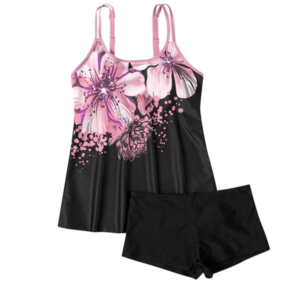Yyuenw Women's Tankini Swimsuit Set, Floral Solid Color Double Spaghetti Strap Top with Boyshort Bottom for Beach Parties