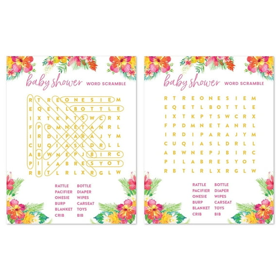 Tropical Floral Garden Party Baby Shower, Word Search Baby Shower Game Cards, 20-Pack