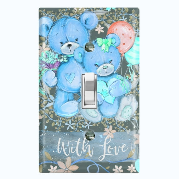 Metal Light Switch Wall Plate Outlet Cover (2 Teddy Bears Blue With Love Heart Balloon Flower - Single Toggle)
