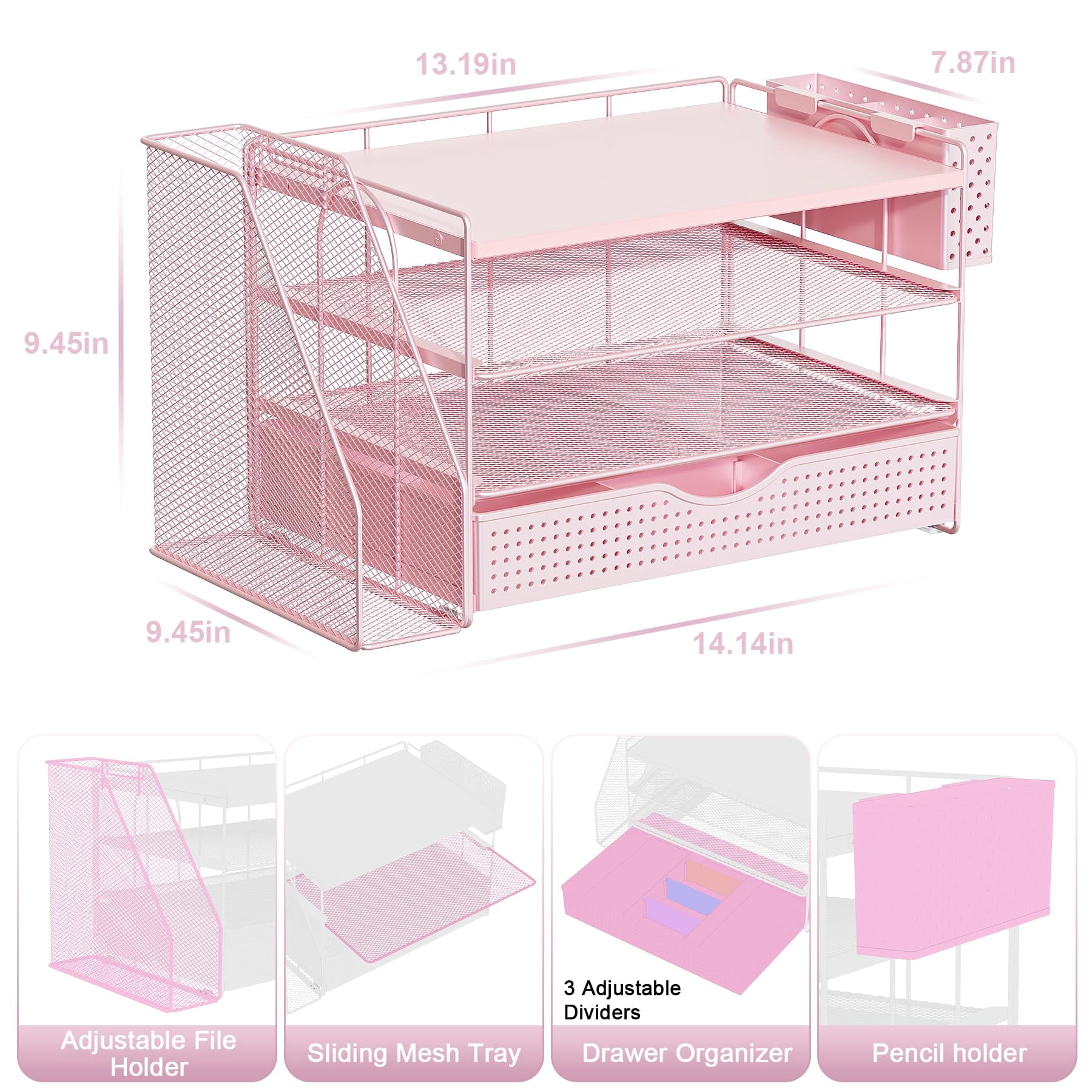 Wood Desk Organizers And Accessories With File Holder  4-tier & Workspace Drawer Pen Paper Organizer For Office Supplies (pink)