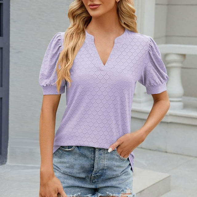 Qertyioot T-shirt à Manches Courtes Femme Été en Dentelle à Col en V à Manches Courtes