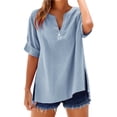 thumbnail image 2 of Women's 3/4 Sleeve Shirts Linen Blend Shirt For Soft Relaxed Fit Casual V Neck Top Side Slits Fashion Clothes, 2 of 5