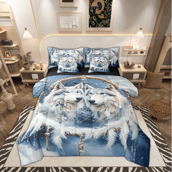 White Wolves Bed Set in a Bag 7 Pcs,Wild Wolf Jungle Animal Snowy Bedding Set,Tribal Dreamcatcher Feather Blue White Comforter with Fitted,Flat Sheet,Pillowcase,Pillow Covers,Queen