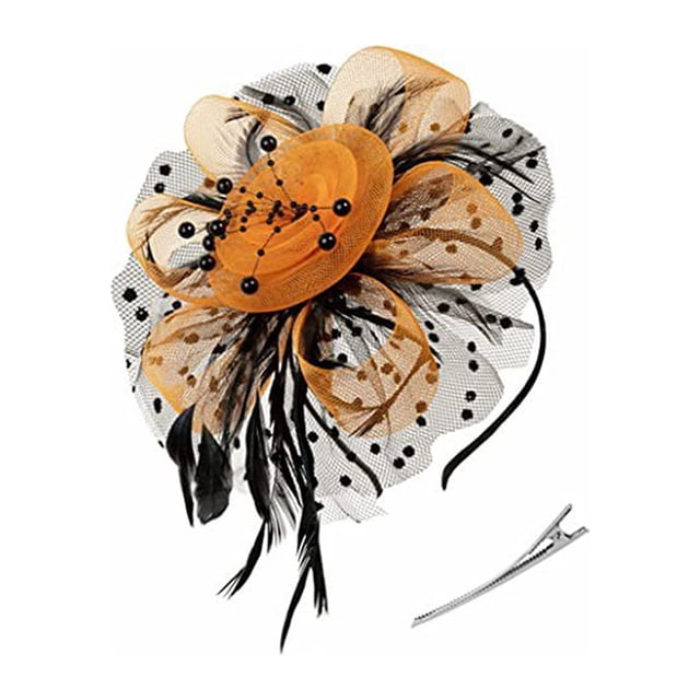 Sonducket Tocado de plumas Vintage para mujer, velo de estilo Retro, tocado de flores para boda, fiesta, Club, carreras de caballos, eventos, Ropa, zapatos y accesorios Miscelánea negro+naranja
