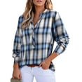 thumbnail image 2 of Women'S V Neck Plaid Shirts Dressy Casual Button-Down Business Work Boho Tops Long Sleeve Fall Outfits Light Blue XXL, 2 of 9