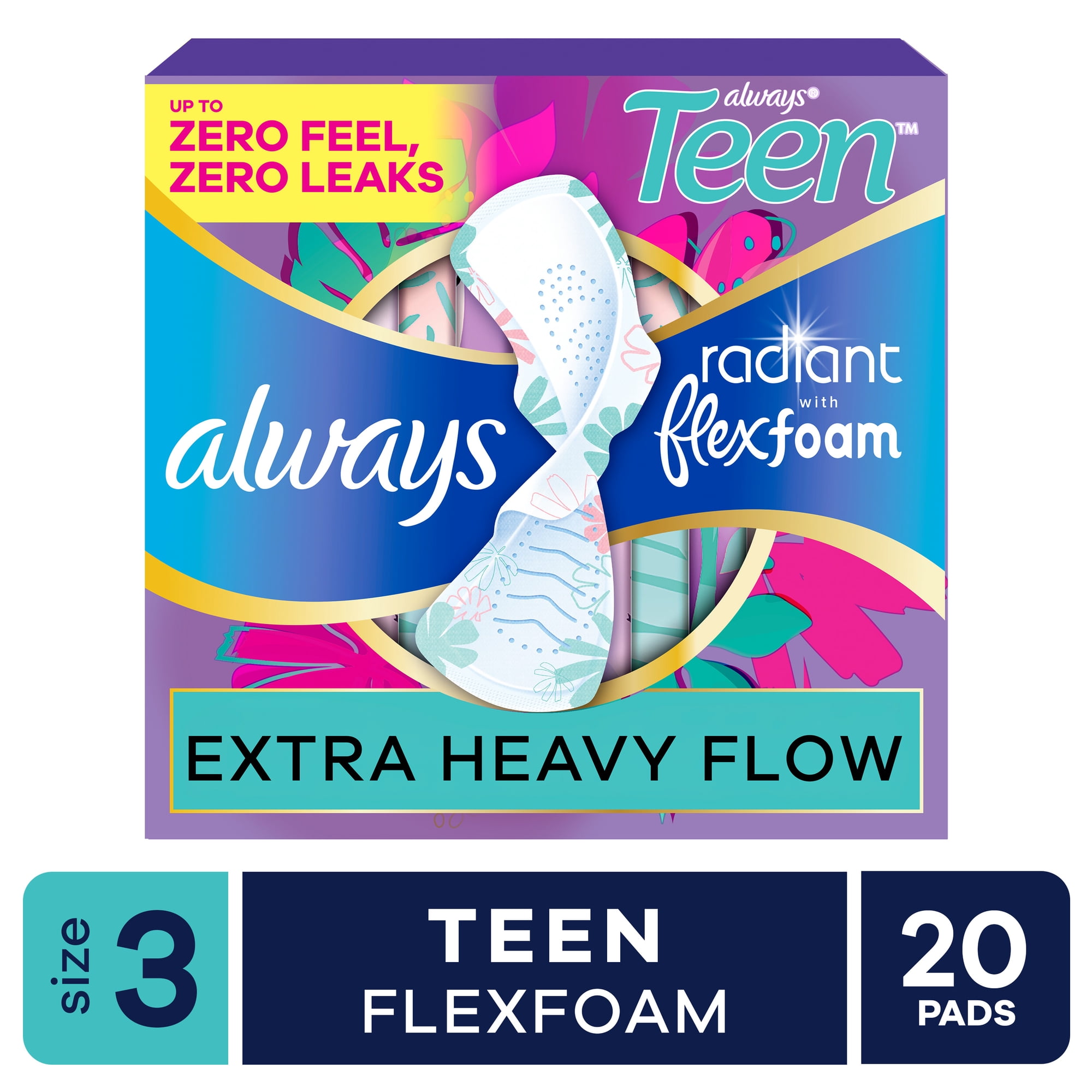Always Radiant Teen Pads, Size 3, Extra Heavy, Wings, 20 Count